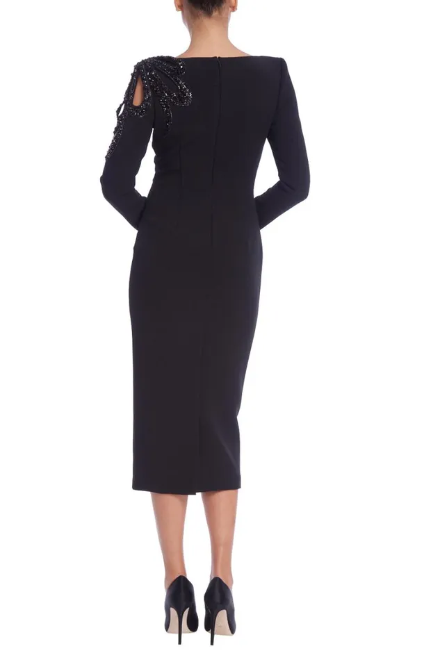 Women Cocktail Badgley Mischka Long Sleeve Boatneck Midi Sheath Dress Black