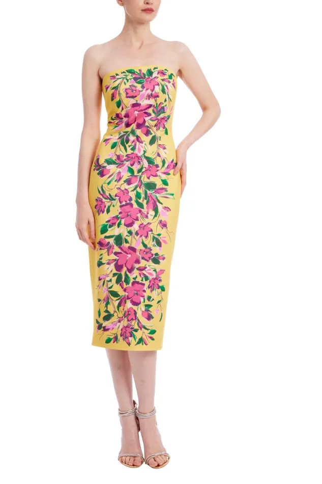 Women Cocktail Badgley Mischka Strapless Floral Sheath Midi Dress Yellow Mint Women Cocktail Badgley Mischka Strapless Floral Sheath Midi Dress Yellow Mint