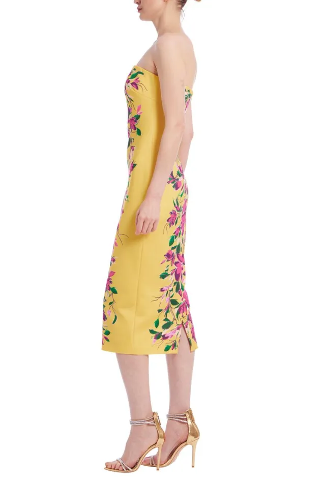 Women Cocktail Badgley Mischka Strapless Floral Sheath Midi Dress Yellow Mint