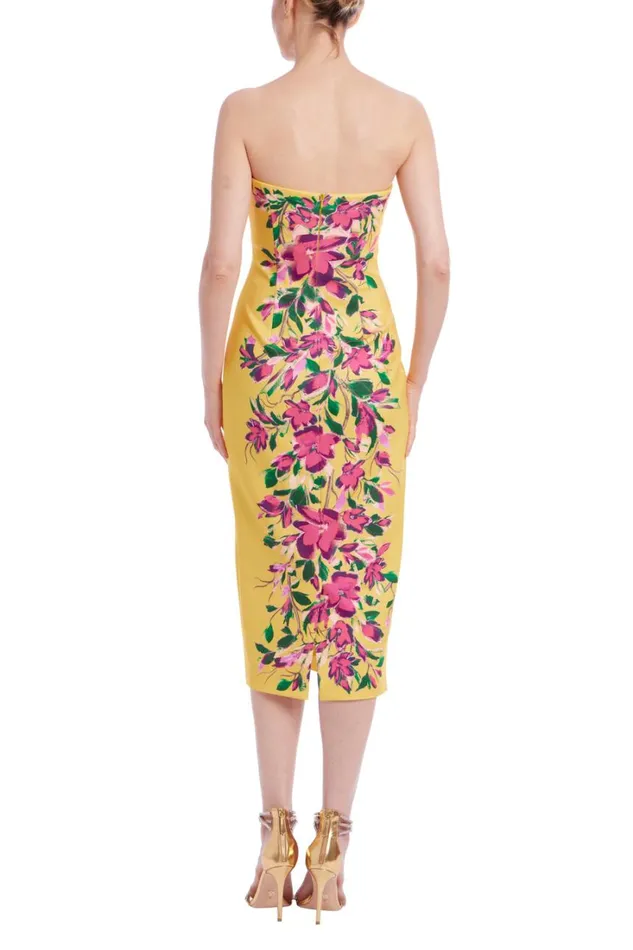 Women Cocktail Badgley Mischka Strapless Floral Sheath Midi Dress Yellow Mint
