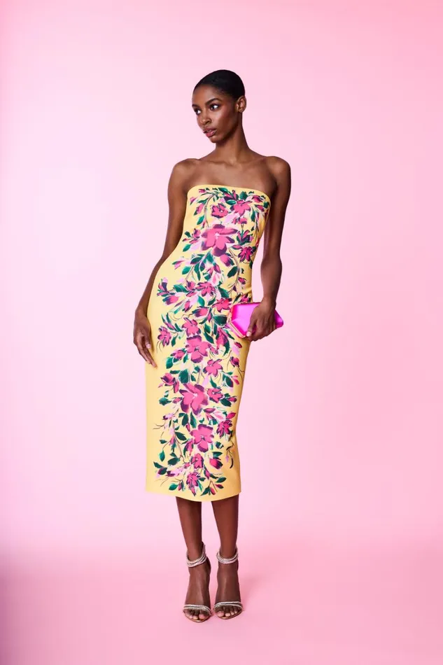 Women Cocktail Badgley Mischka Strapless Floral Sheath Midi Dress Yellow Mint
