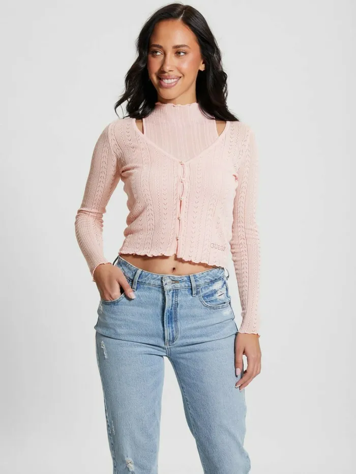 Women Dahlia Mock Neck Crop Top Low Key Pink Lurex Tops GUESS