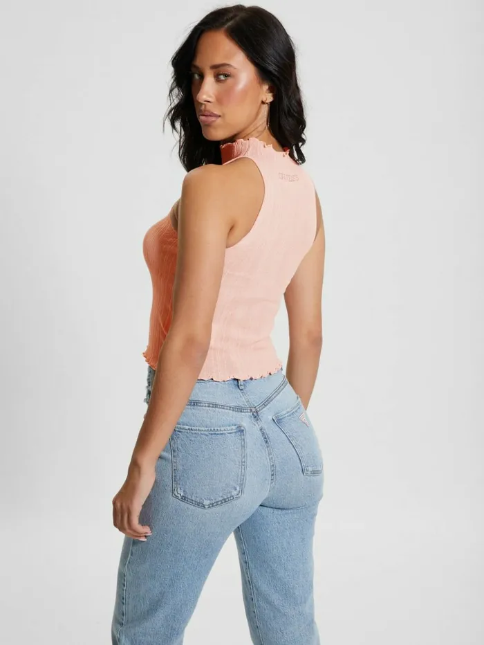 Women Dahlia Mock Neck Crop Top Low Key Pink Lurex Tops GUESS