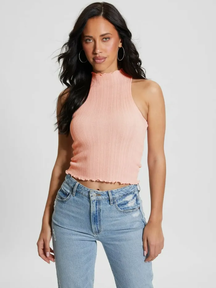 Women Dahlia Mock Neck Crop Top Low Key Pink Lurex Tops GUESS