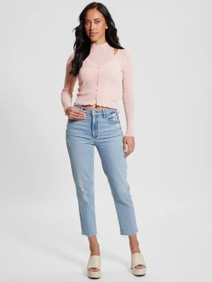 Women Dahlia Mock Neck Crop Top Low Key Pink Lurex Tops GUESS