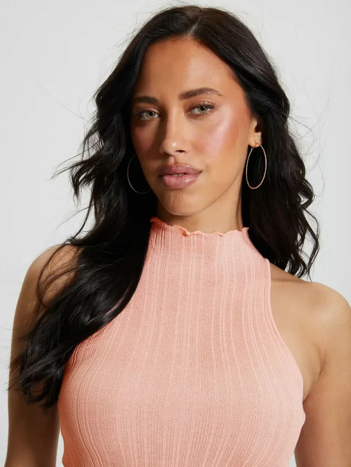 Women Dahlia Mock Neck Crop Top Low Key Pink Lurex Tops GUESS