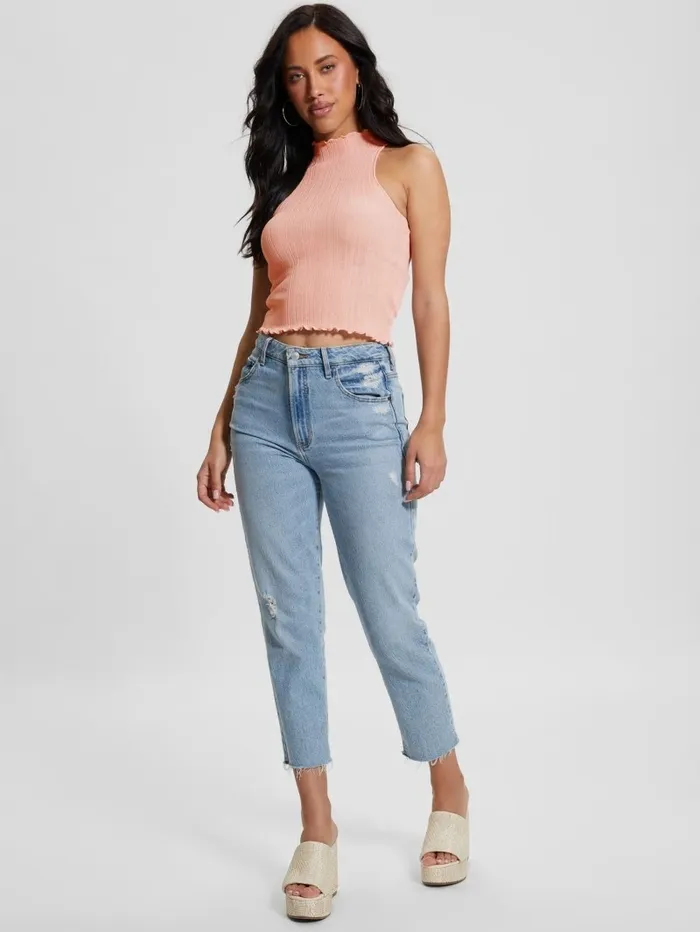 Women Dahlia Mock Neck Crop Top Low Key Pink Lurex Tops GUESS