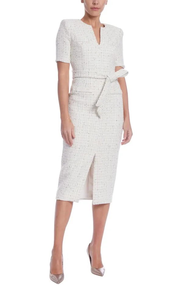 Women Day Badgley Mischka Short Sleeve Tweed Midi Dress White