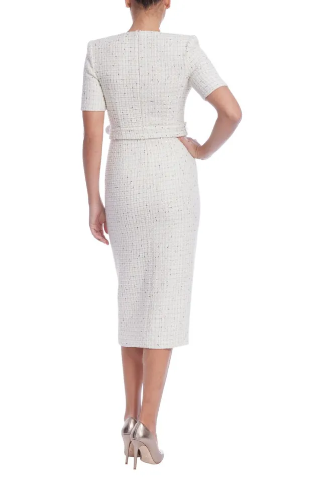Women Day Badgley Mischka Short Sleeve Tweed Midi Dress White