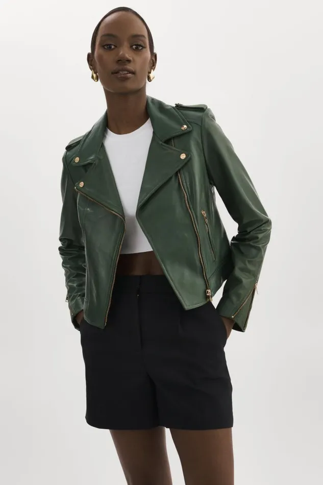 Women DONNA GOLD Iconic Leather Biker Jacket Alpine Green LAMARQUE Biker Jackets Women DONNA GOLD Iconic Leather Biker Jacket Alpine Green LAMARQUE Biker Jackets