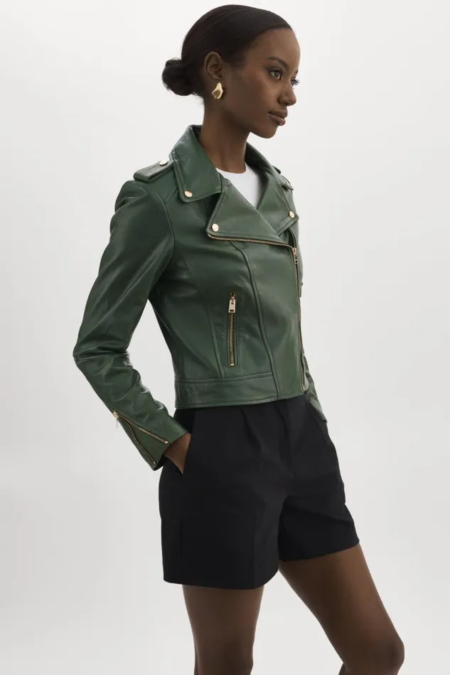 Women DONNA GOLD Iconic Leather Biker Jacket Alpine Green LAMARQUE Biker Jackets