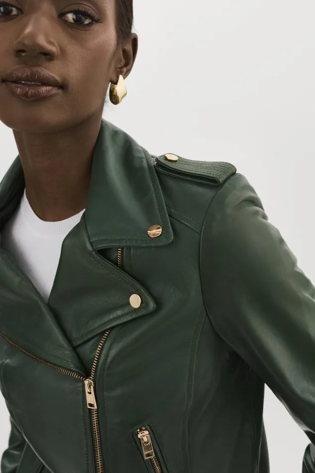 Women DONNA GOLD Iconic Leather Biker Jacket Alpine Green LAMARQUE Biker Jackets