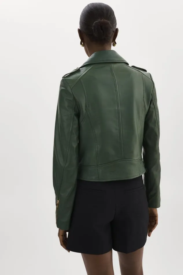 Women DONNA GOLD Iconic Leather Biker Jacket Alpine Green LAMARQUE Biker Jackets