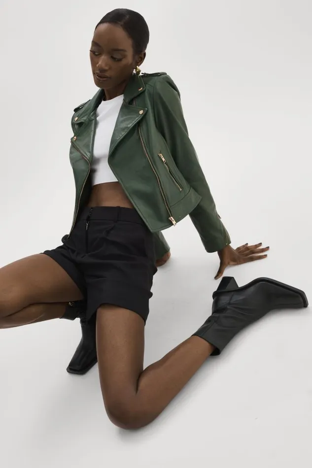 Women DONNA GOLD Iconic Leather Biker Jacket Alpine Green LAMARQUE Biker Jackets
