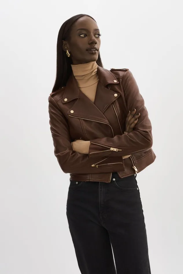 Women DONNA GOLD Iconic Leather Biker Jacket Chocolate LAMARQUE Leather Jackets Women DONNA GOLD Iconic Leather Biker Jacket Chocolate LAMARQUE Leather Jackets