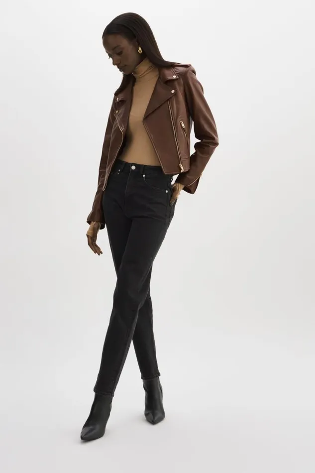 Women DONNA GOLD Iconic Leather Biker Jacket Chocolate LAMARQUE Leather Jackets
