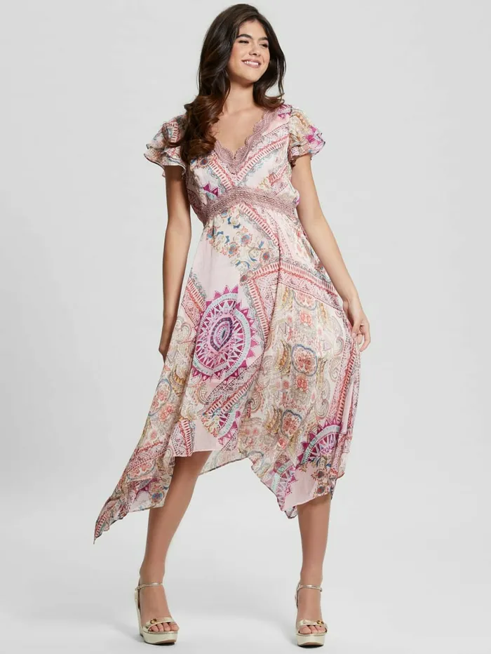 Women Dresses and Jumpsuits GUESS Eco Tania Chiffon Midi Dress Carousel Print Women Dresses and Jumpsuits GUESS Eco Tania Chiffon Midi Dress Carousel Print