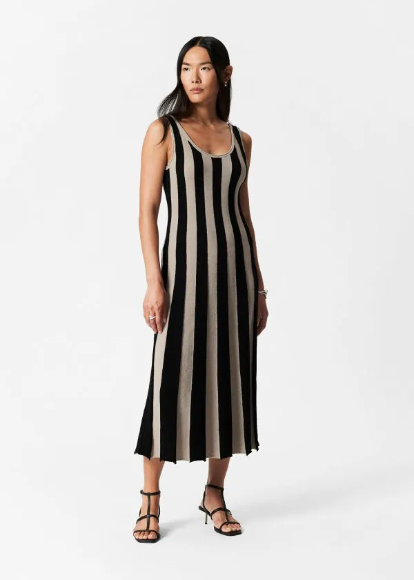 Women Dresses and Other Stories Slim Tank Midi Dress Blackandbeige Stripes