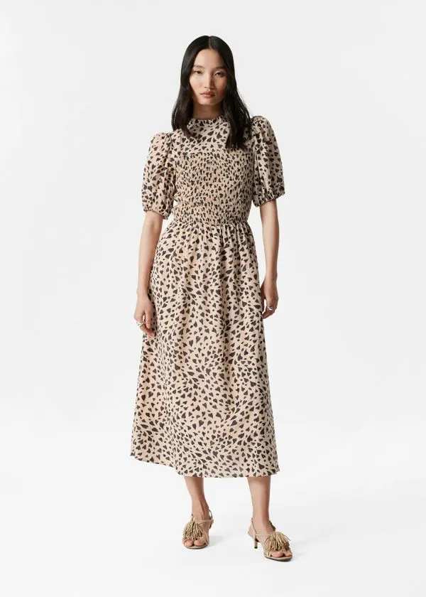 Women Dresses and Other Stories Smocked PuffSleeve Midi Dress Beige Heart Print