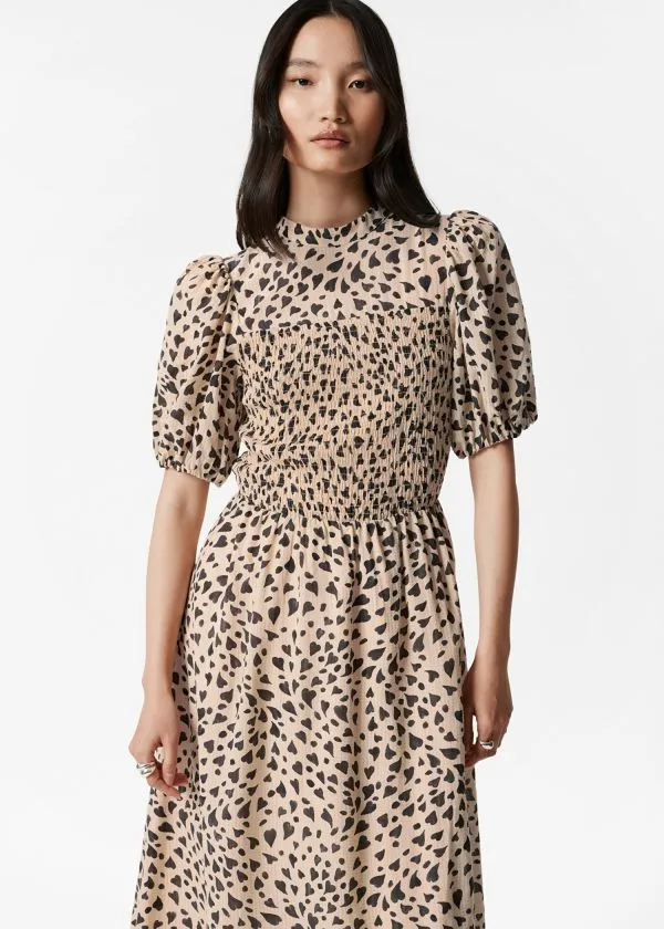 Women Dresses and Other Stories Smocked PuffSleeve Midi Dress Beige Heart Print