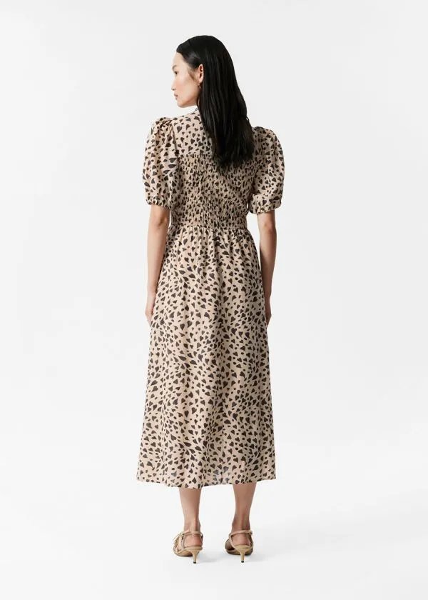 Women Dresses and Other Stories Smocked PuffSleeve Midi Dress Beige Heart Print