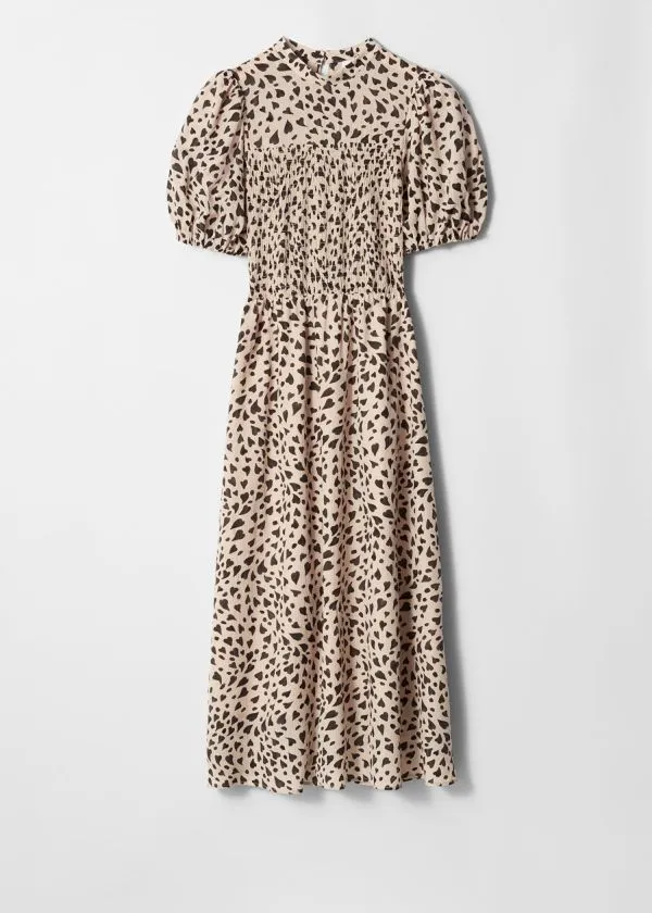 Women Dresses and Other Stories Smocked PuffSleeve Midi Dress Beige Heart Print