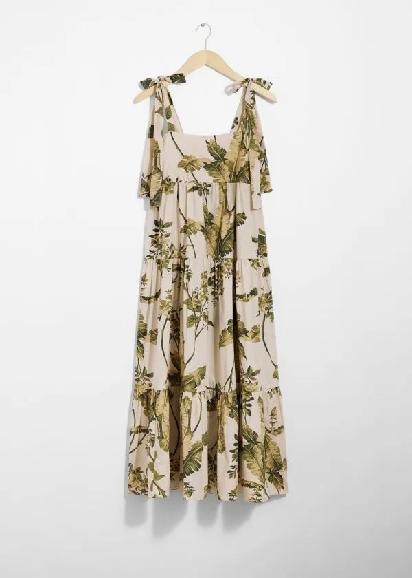 Women Dresses and Other Stories Tiered TieStrap Midi Dress Green Florals
