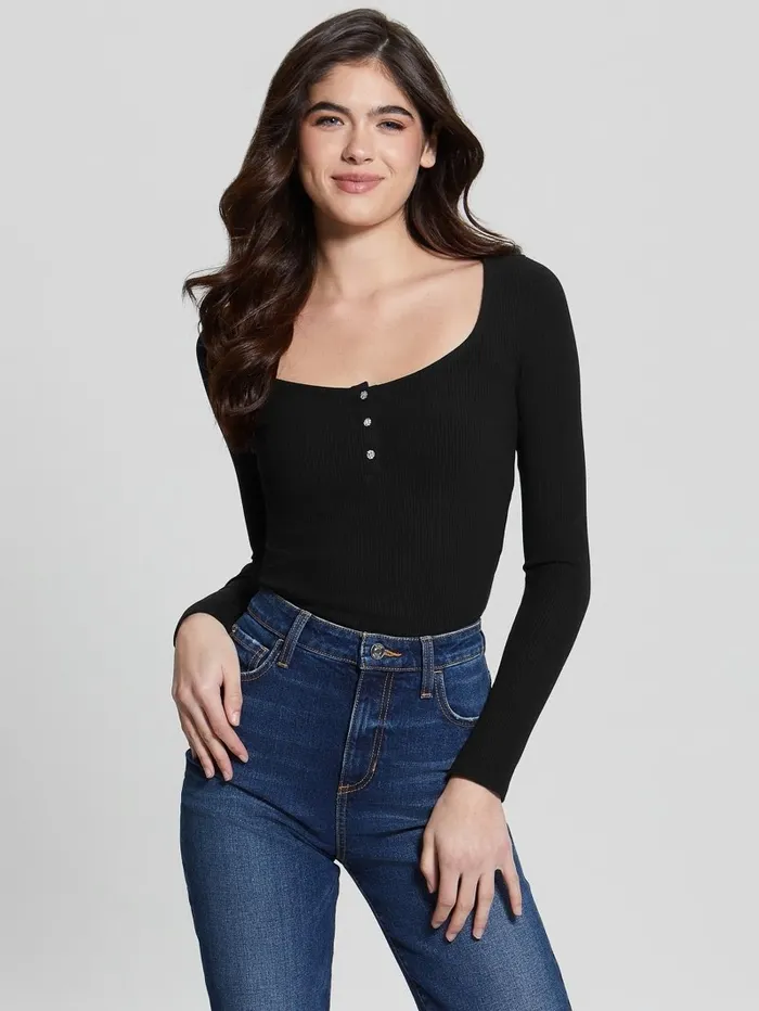 Women Eco Karlee LongSleeve Henley Black Tops GUESS Women Eco Karlee LongSleeve Henley Black Tops GUESS