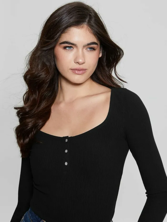 Women Eco Karlee LongSleeve Henley Black Tops GUESS Women Eco Karlee LongSleeve Henley Black Tops GUESS