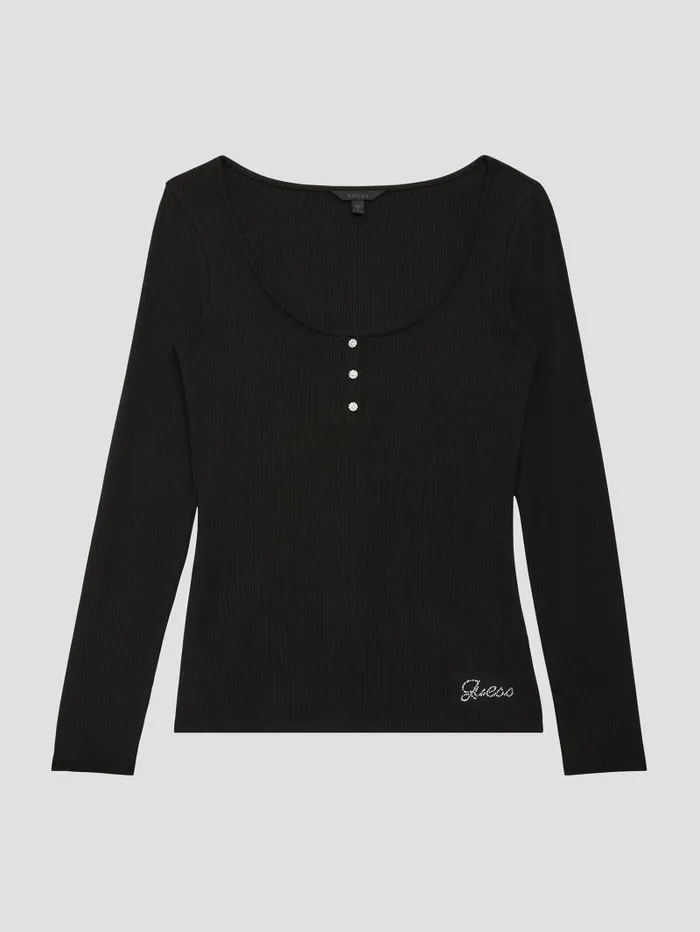 Women Eco Karlee LongSleeve Henley Black Tops GUESS Women Eco Karlee LongSleeve Henley Black Tops GUESS