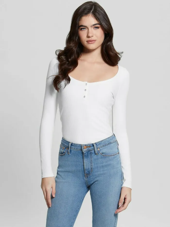 Women Eco Karlee LongSleeve Henley Pure White Tops GUESS Women Eco Karlee LongSleeve Henley Pure White Tops GUESS