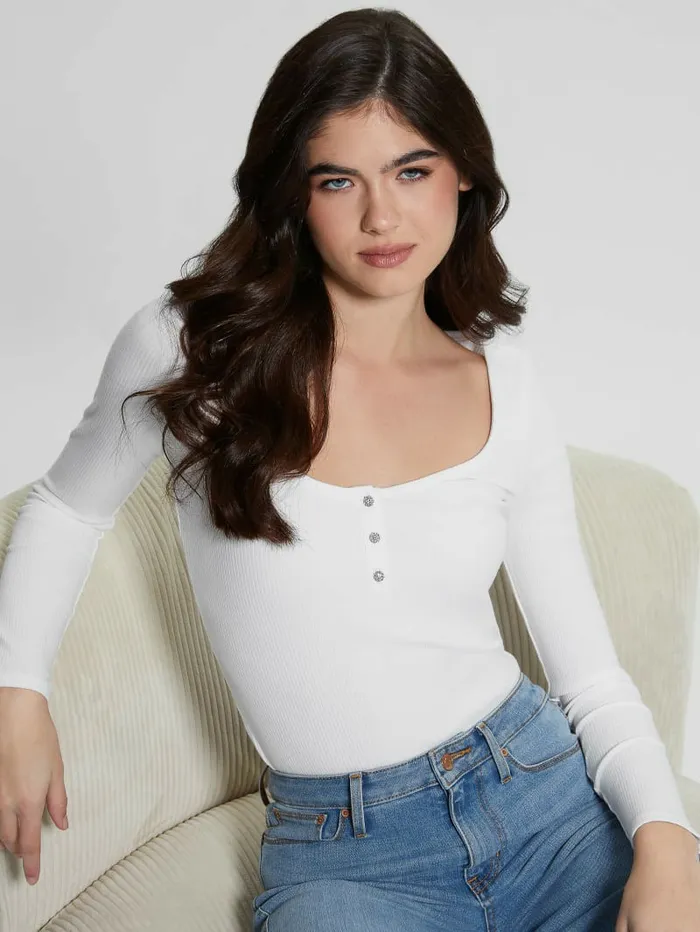 Women Eco Karlee LongSleeve Henley Pure White Tops GUESS Women Eco Karlee LongSleeve Henley Pure White Tops GUESS