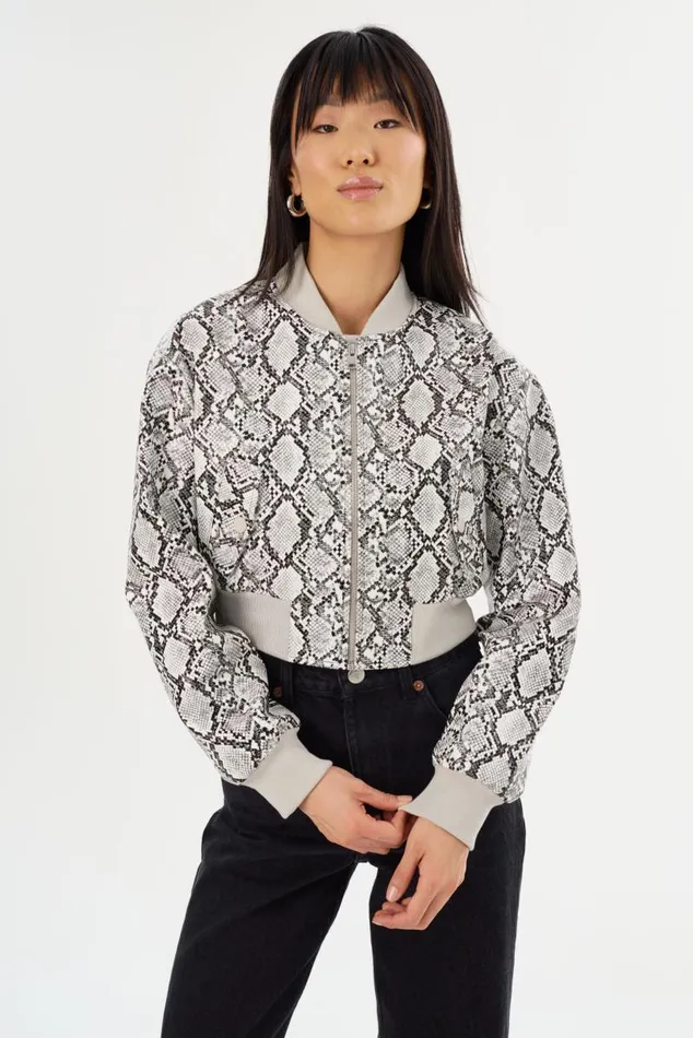 Women EVELIN Faux Leather Cropped Bomber Python Print LAMARQUE Bombers