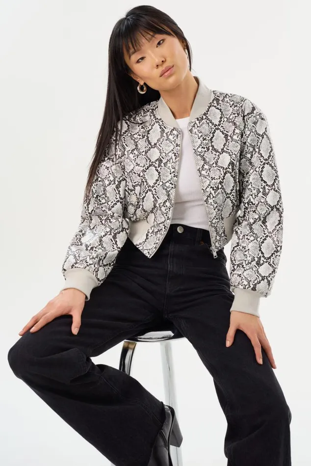 Women EVELIN Faux Leather Cropped Bomber Python Print LAMARQUE Bombers