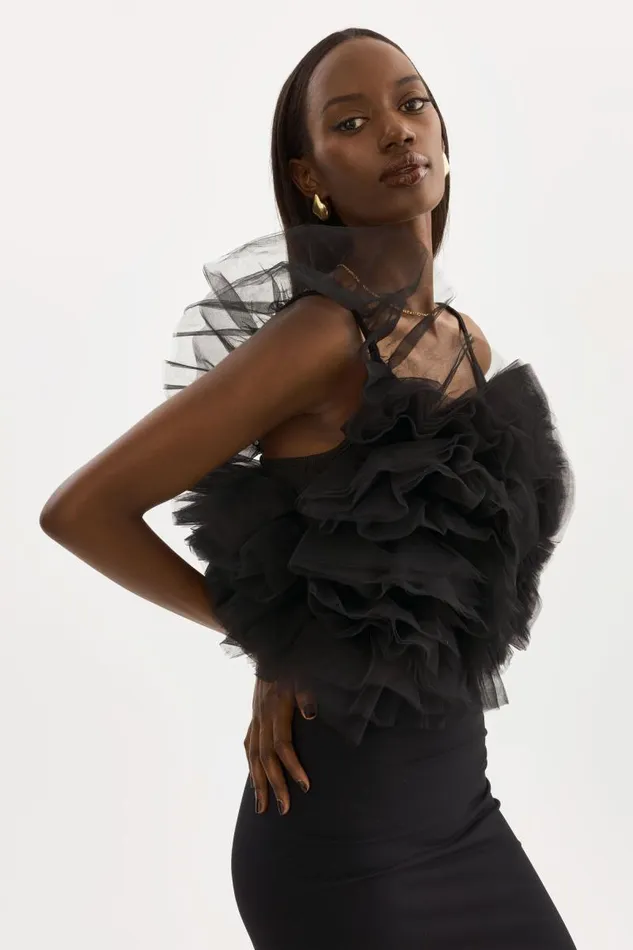 Women FELETA Ruffle Tulle Top Black LAMARQUE Tops