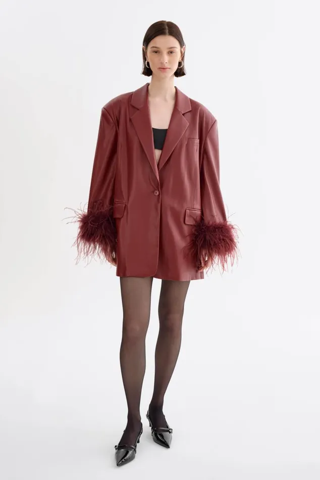 Women GALIA Feather Trim Blazer Syrah LAMARQUE Blazers Women GALIA Feather Trim Blazer Syrah LAMARQUE Blazers