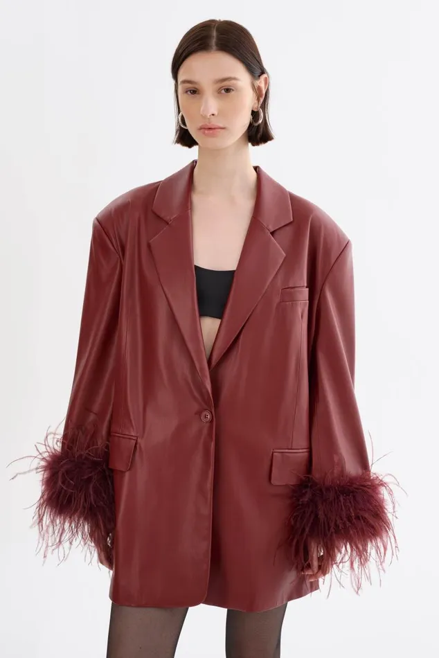 Women GALIA Feather Trim Blazer Syrah LAMARQUE Blazers Women GALIA Feather Trim Blazer Syrah LAMARQUE Blazers