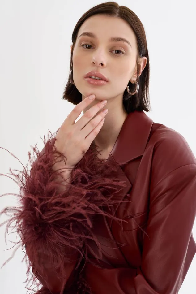 Women GALIA Feather Trim Blazer Syrah LAMARQUE Blazers Women GALIA Feather Trim Blazer Syrah LAMARQUE Blazers