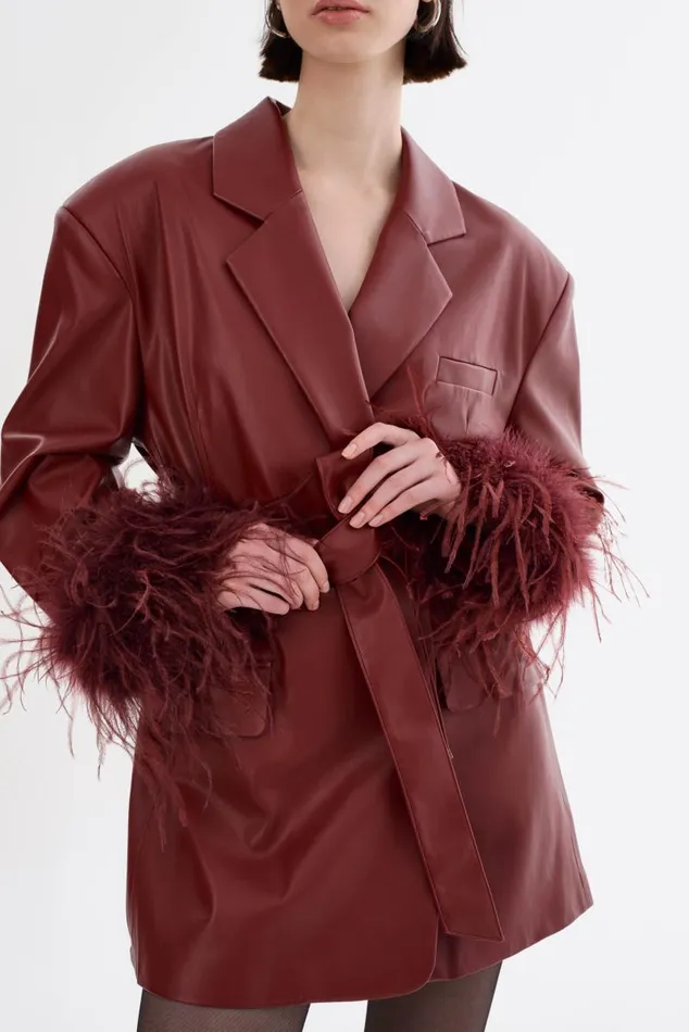 Women GALIA Feather Trim Blazer Syrah LAMARQUE Blazers Women GALIA Feather Trim Blazer Syrah LAMARQUE Blazers