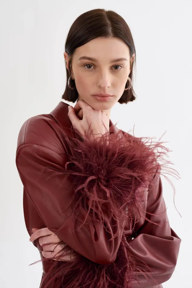 Women GALIA Feather Trim Blazer Syrah LAMARQUE Blazers Women GALIA Feather Trim Blazer Syrah LAMARQUE Blazers