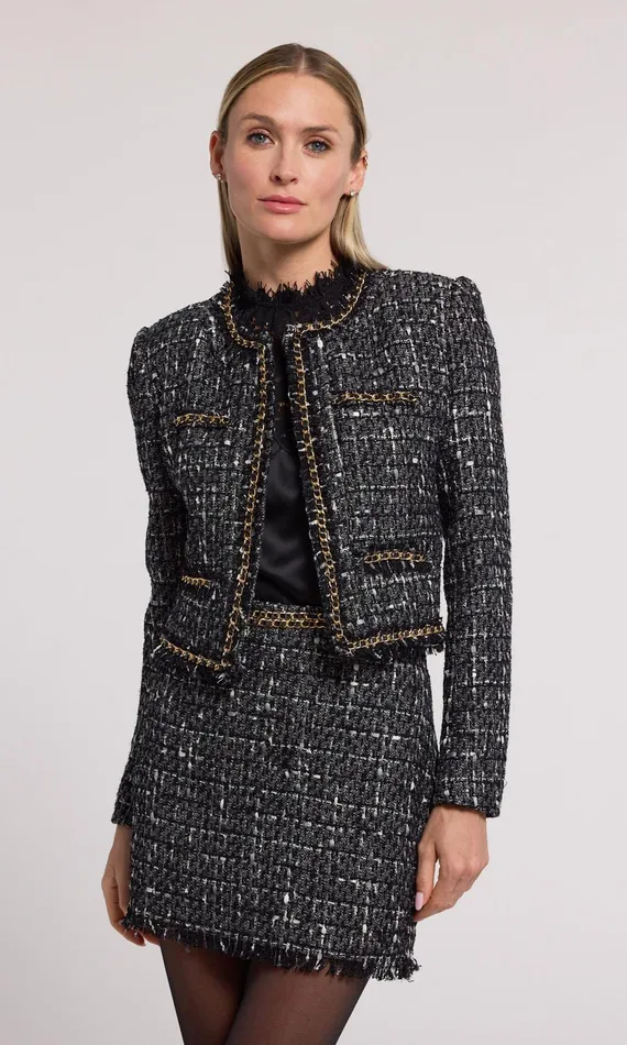 Women Generation Love Clothing Blazers and Jackets Serena Chain Tweed Blazer Grey Multi