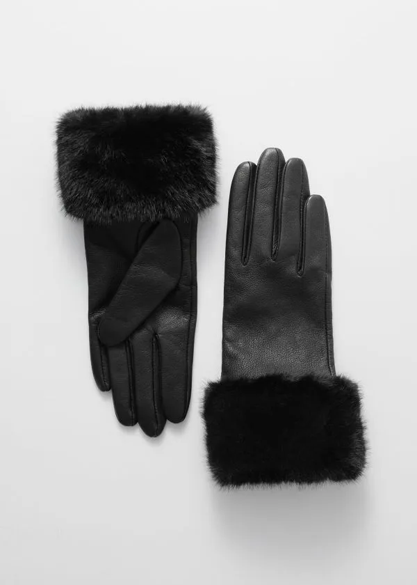 Women Gloves and Other Stories FauxFur Trimmed Leather Gloves Black