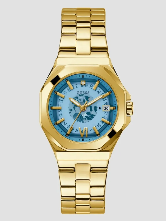 Women GoldTone and Turquoise Diamond Analog Watch Yellow Gold Watches GUESS