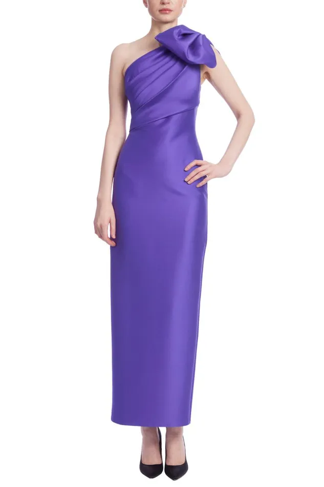 Women Gowns Badgley Mischka One Shoulder Bow Column Midi Dress Amethyst