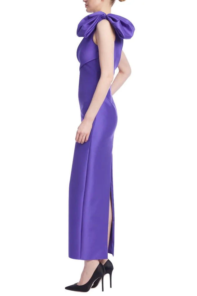 Women Gowns Badgley Mischka One Shoulder Bow Column Midi Dress Amethyst