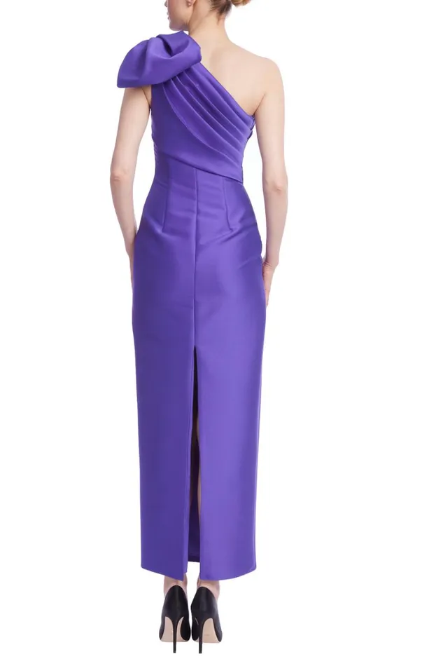 Women Gowns Badgley Mischka One Shoulder Bow Column Midi Dress Amethyst