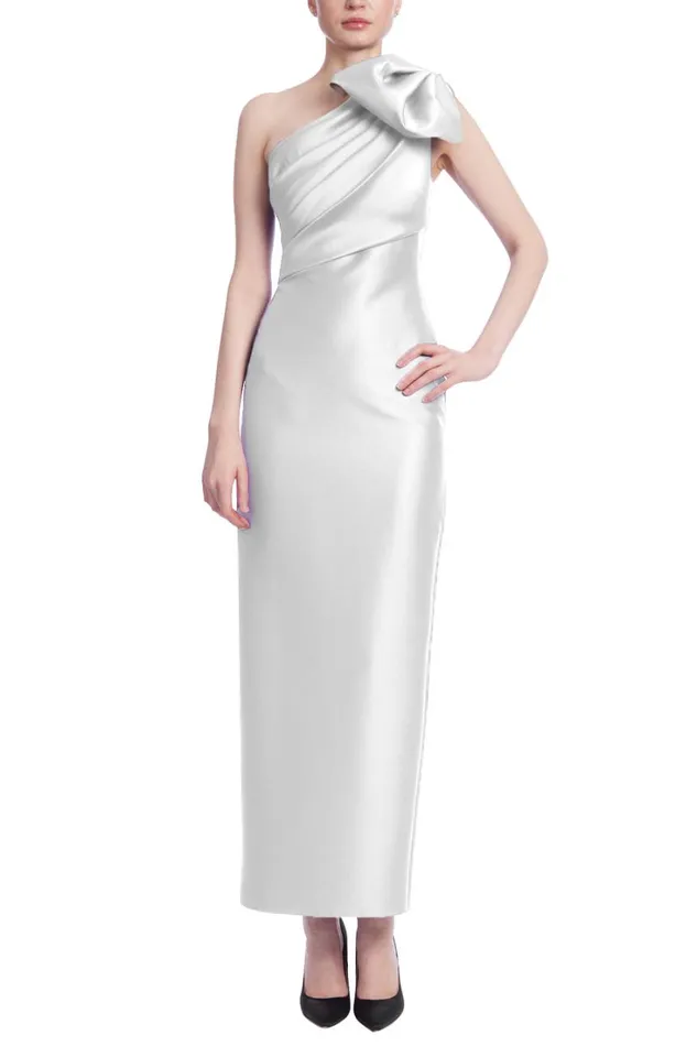 Women Gowns Badgley Mischka One Shoulder Bow Column Midi Dress Amethyst