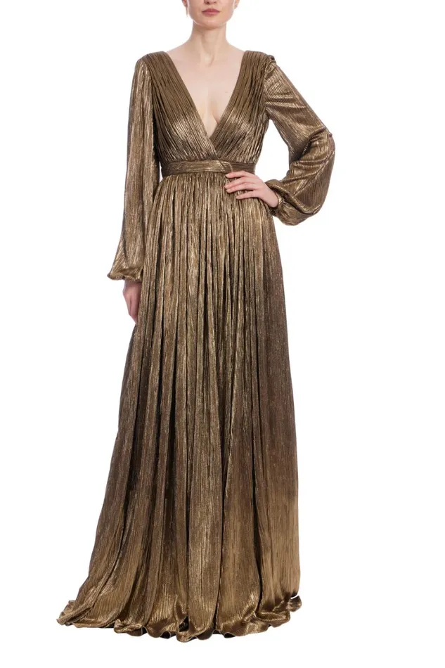 Women Gowns Badgley Mischka VNeck Foil Pleated Gown Gold