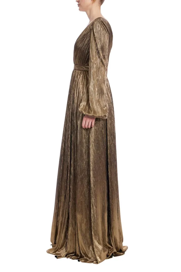 Women Gowns Badgley Mischka VNeck Foil Pleated Gown Gold