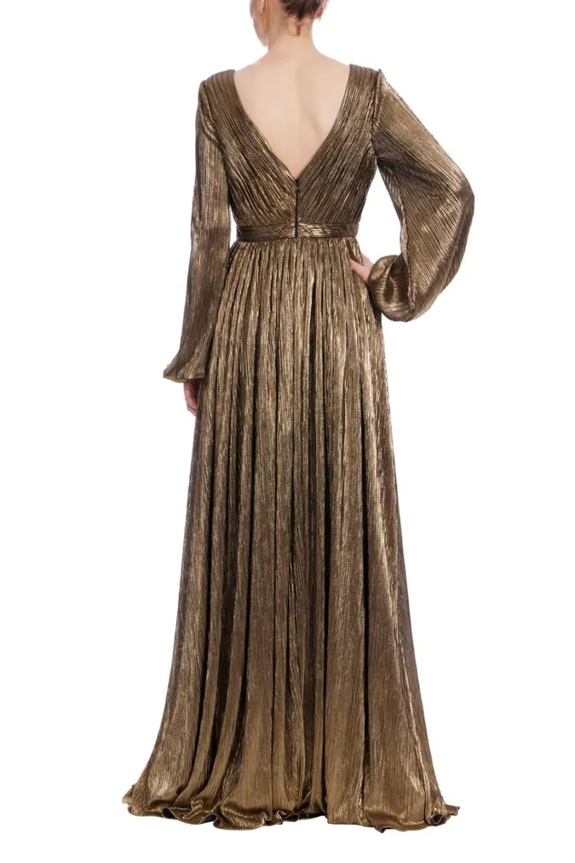 Women Gowns Badgley Mischka VNeck Foil Pleated Gown Gold